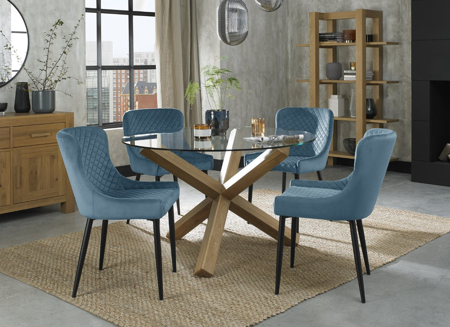 Glass Round Dining Table Set Oak Legs 4 Blue Velvet Chairs