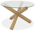Glass Round Dining Table Set Oak Legs 4 Blue Velvet Chairs - Home Furniture Interiors