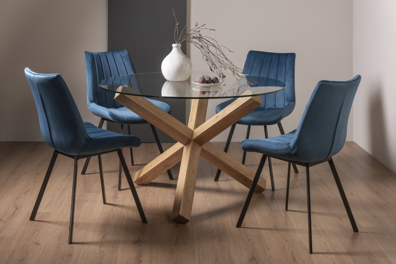 Clear Glass Small Round Dining Set 4 Blue Velvet Chairs