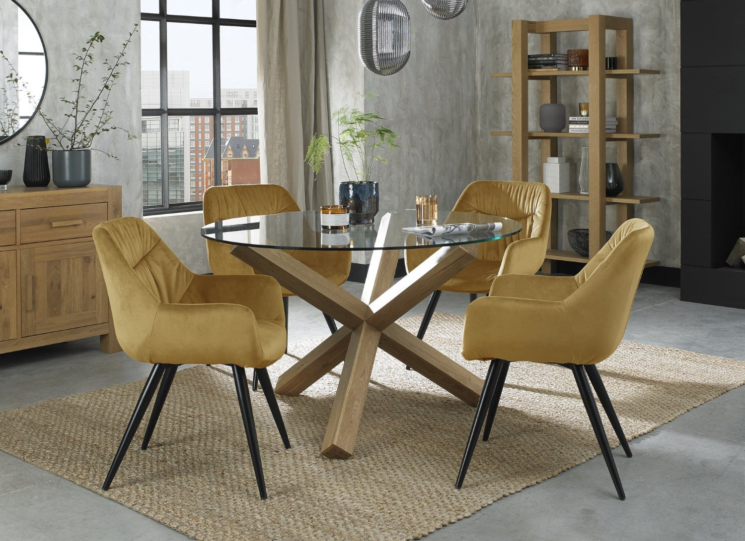 Oak Glass Top Round Dining Table Set 4 Yellow Velvet Chairs