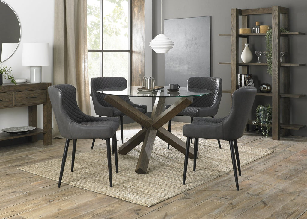 Glass Round Dining Table Set 4 Grey Leather Chairs