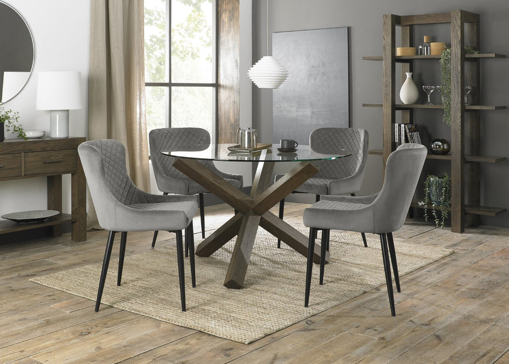 Clear Glass Small Round Dining Set 4 Grey Velvet Chairs