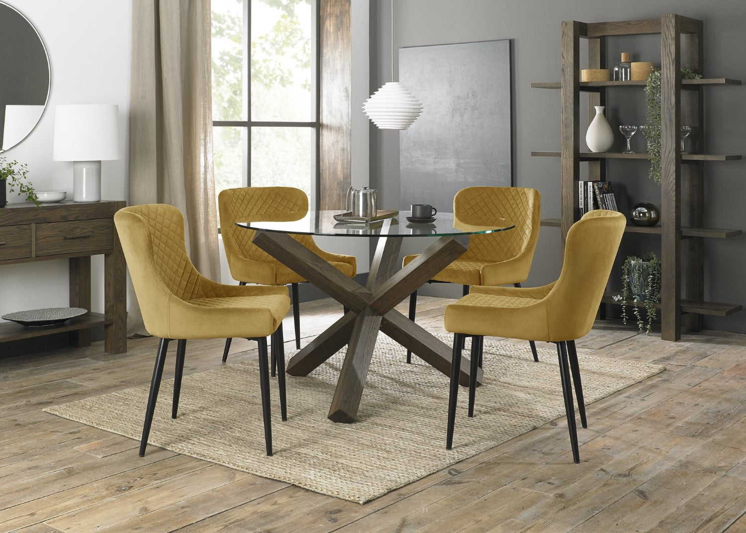 Dark Oak Glass Dining Table Set 4 Yellow Velvet Chairs