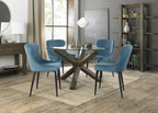 Dark Oak Clear Glass Small Dining Set 4 Blue Velvet Chairs