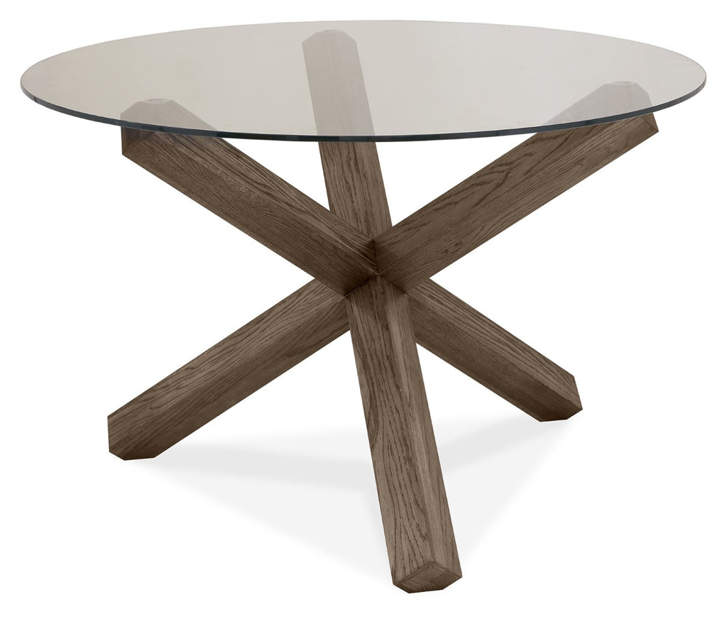 Oak Glass Top Round Dining Table Set 4 Grey Velvet Chairs - Home Furniture Interiors