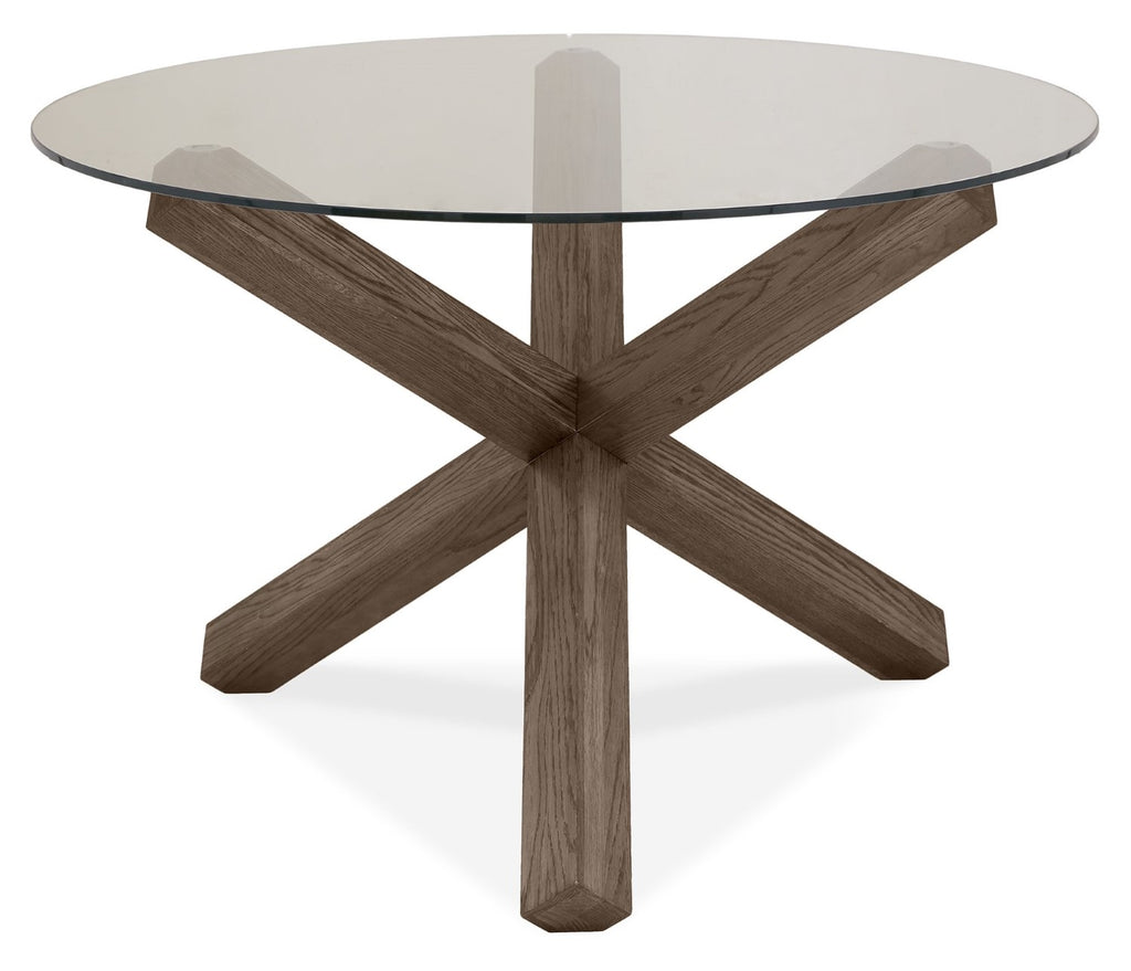 Oak Glass Top Round Dining Table Set 4 Grey Velvet Chairs - Home Furniture Interiors