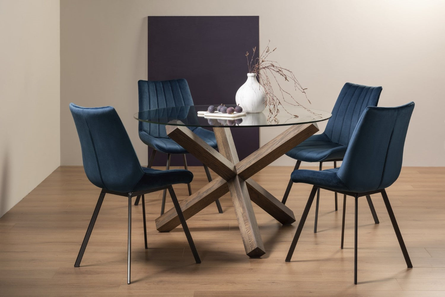 Clear Glass Small Round Dining Set 4 Blue Velvet Chairs
