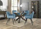 Clear Glass Round Dining Set 4 Blue Velvet Chairs