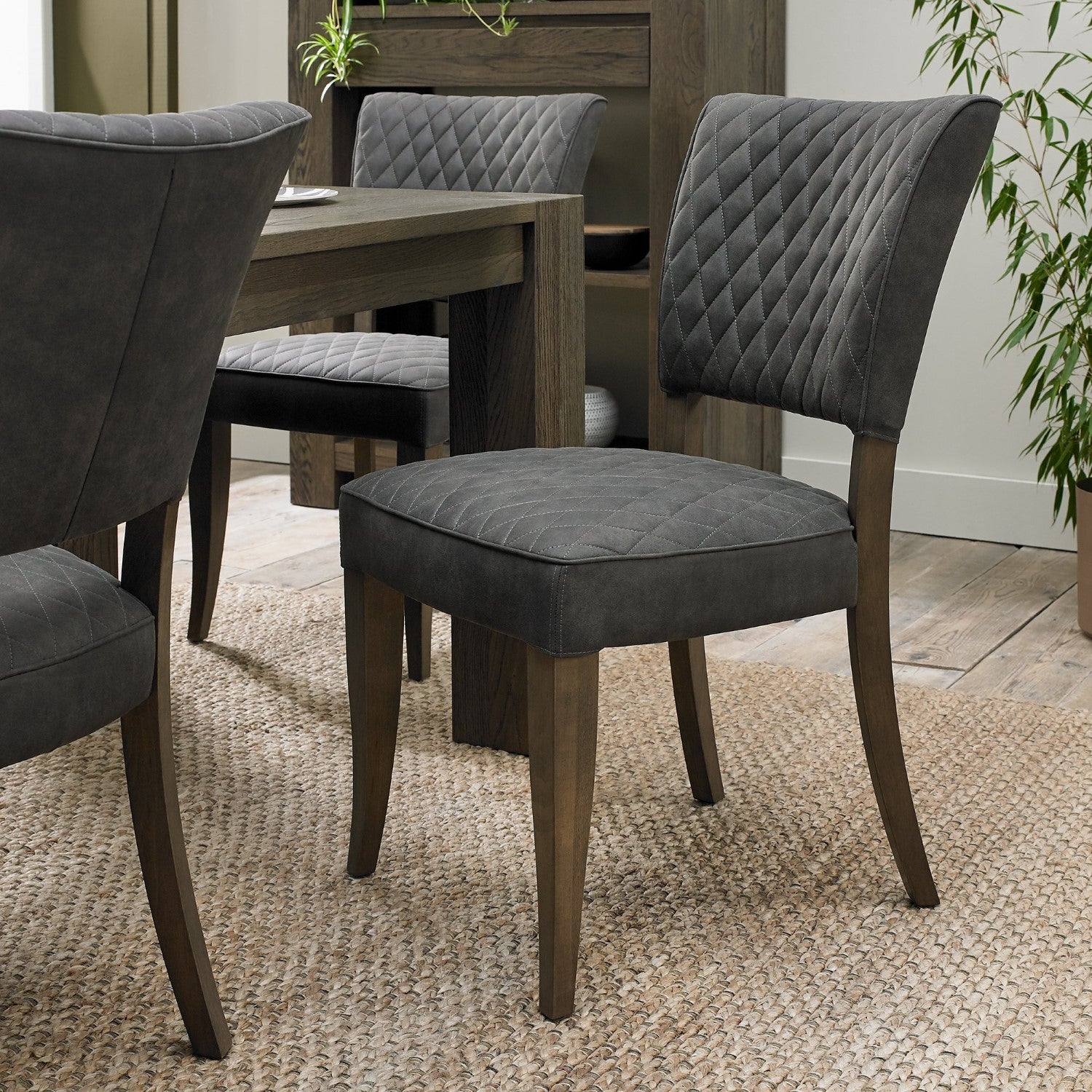Dark Grey Diamond Stitched Oak Fabric Dining Chair