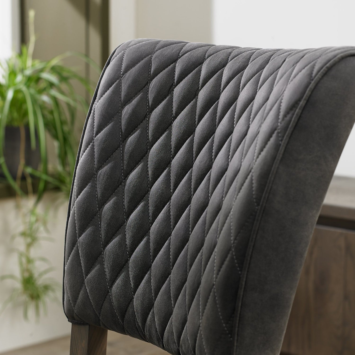 Dark Grey Diamond Stitched Oak Fabric Dining Chair - Home Furniture Interiors