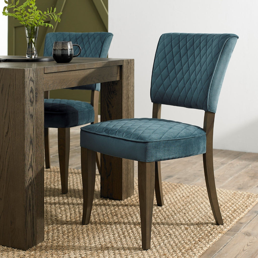 Dark Oak Blue Velvet Fabric Curved Design Dining Chair
