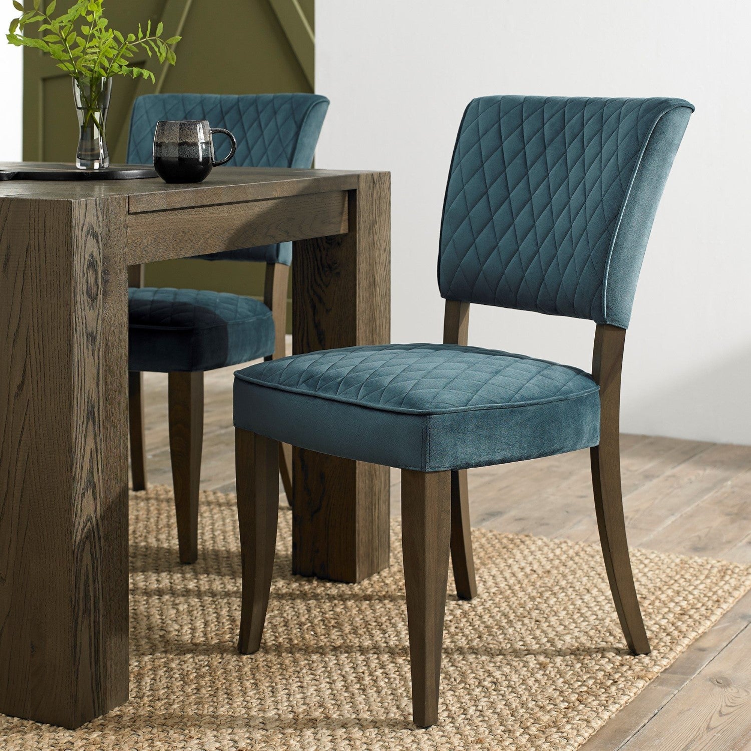 Dark Oak Blue Velvet Fabric Curved Design Dining Chair