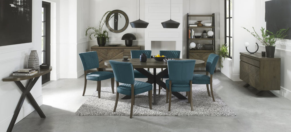 Dark Oak Blue Velvet Fabric Curved Design Dining Chair - Home Furniture Interiors