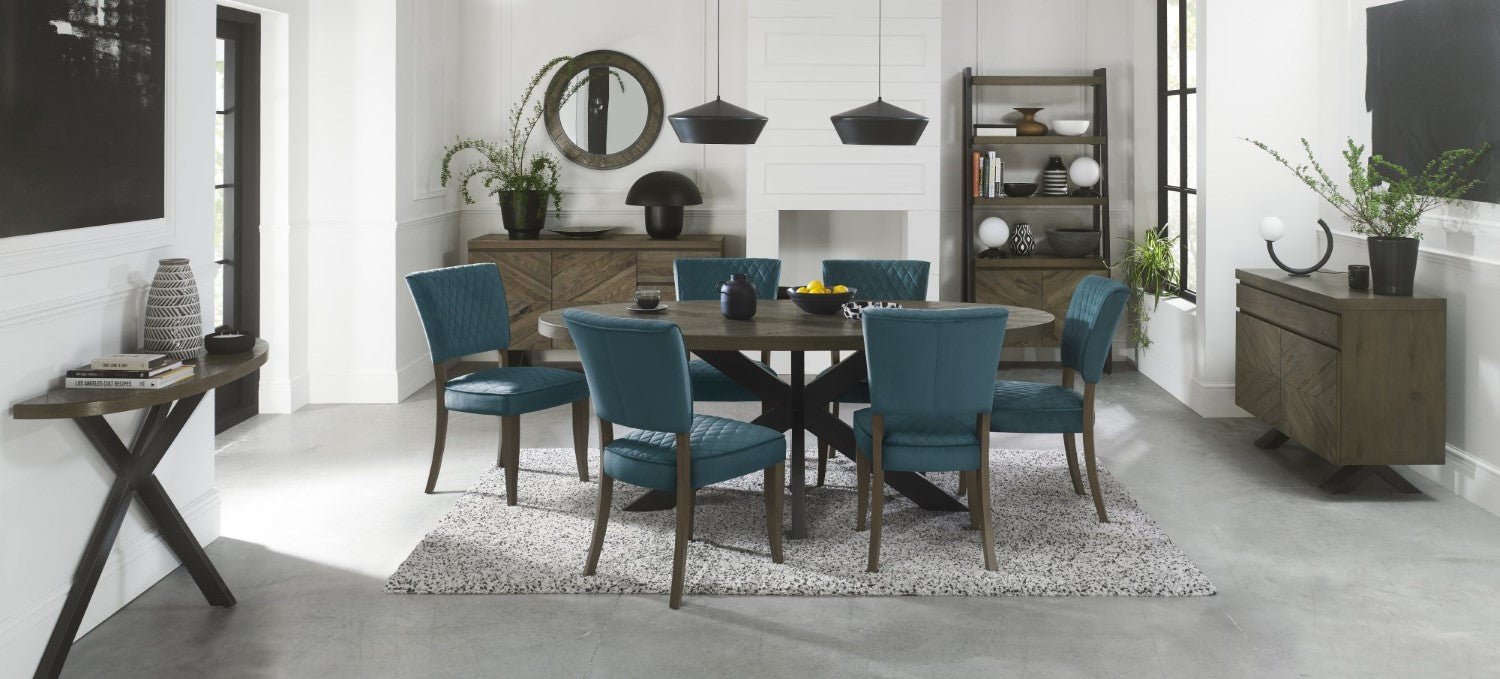 Dark Oak Blue Velvet Fabric Curved Design Dining Chair - Home Furniture Interiors