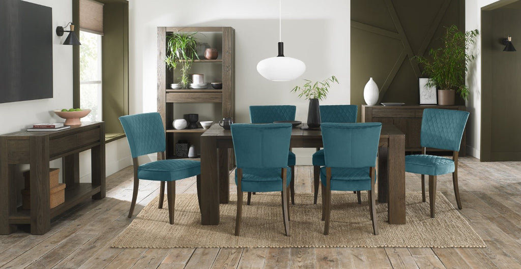 Dark Oak Blue Velvet Fabric Curved Design Dining Chair - Home Furniture Interiors