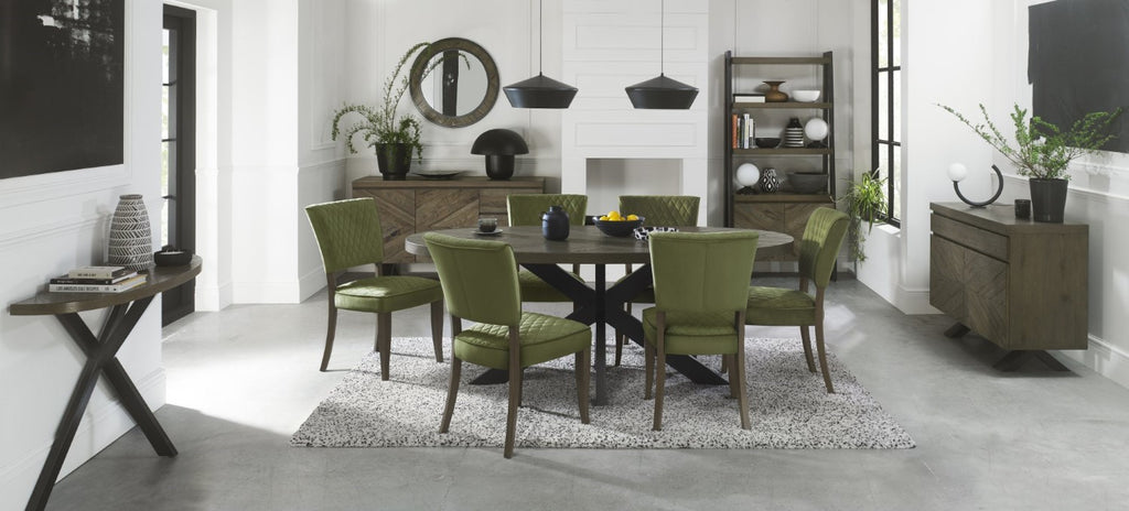 Dark Oak Light Green Velvet Fabric Curved Dining Chair - Home Furniture Interiors