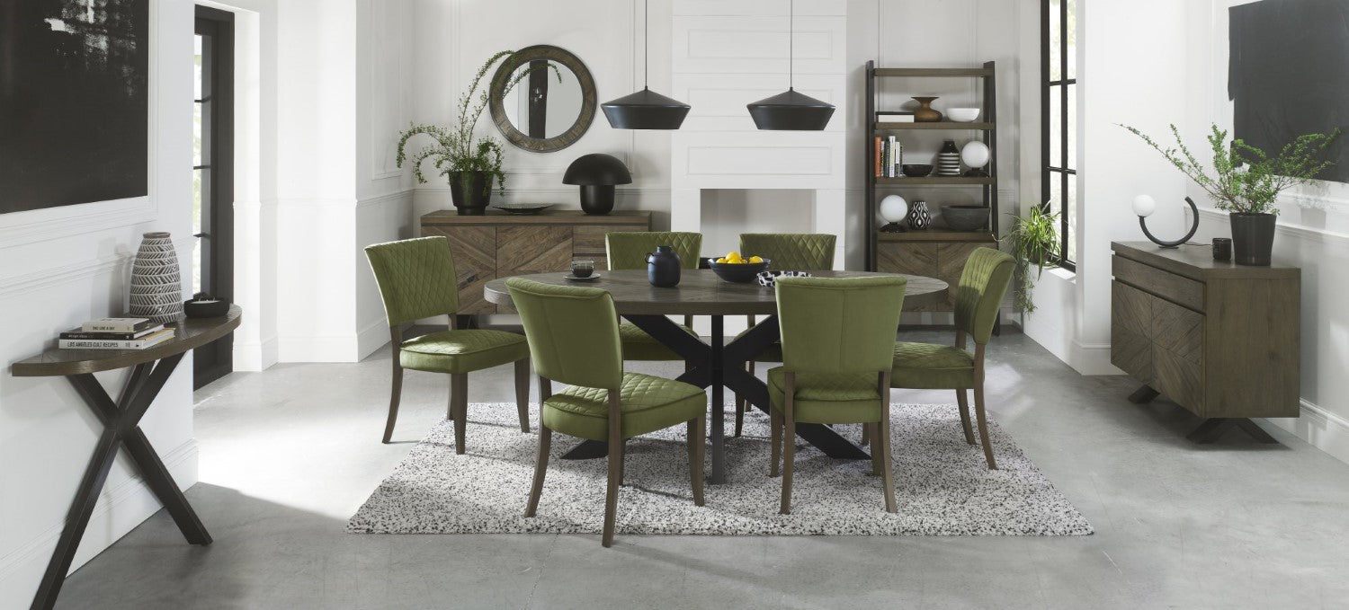 Dark Oak Light Green Velvet Fabric Curved Dining Chair - Home Furniture Interiors