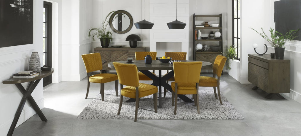 Dark Oak Mustard Yellow Velvet Fabric Curved Dining Chair - Home Furniture Interiors
