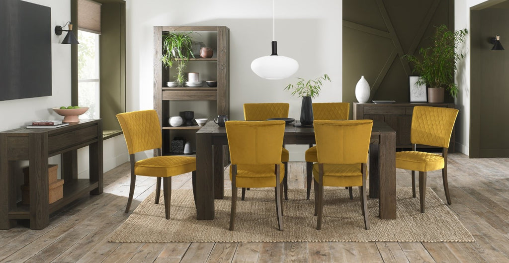 Dark Oak Mustard Yellow Velvet Fabric Curved Dining Chair - Home Furniture Interiors