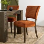 Dark Oak Rust Orange Velvet Fabric Curved Dining Chair