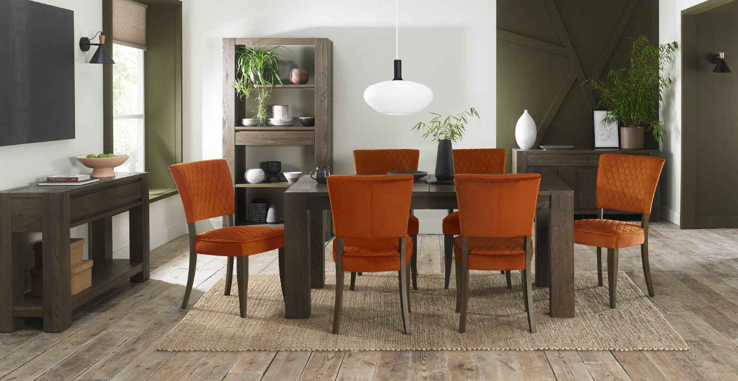 Dark Oak Rust Orange Velvet Fabric Curved Dining Chair - Home Furniture Interiors