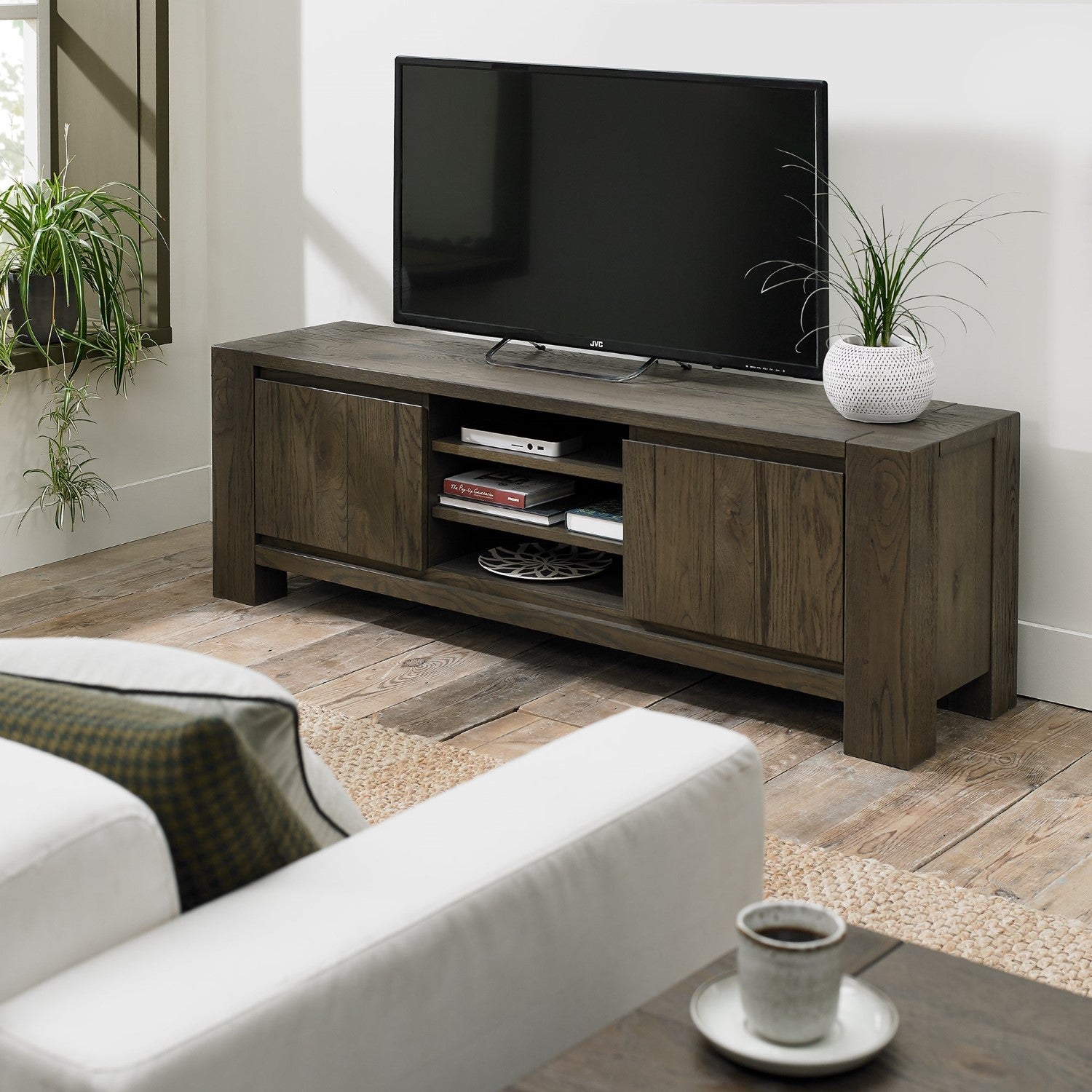 Large Wide Dark Oak TV Unit 2 Doors