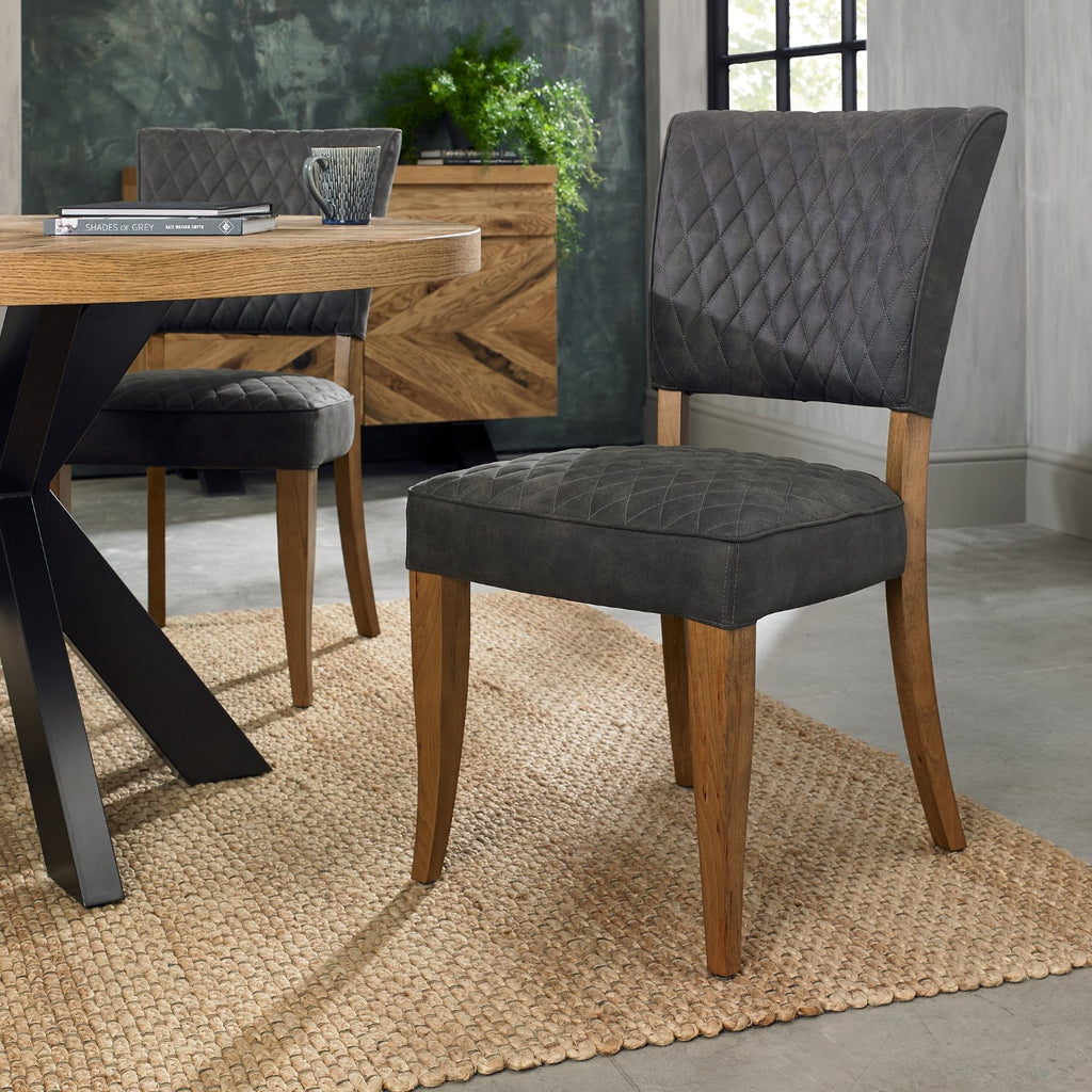 Rustic Oak Dining Chair Grey Diamond Fabric