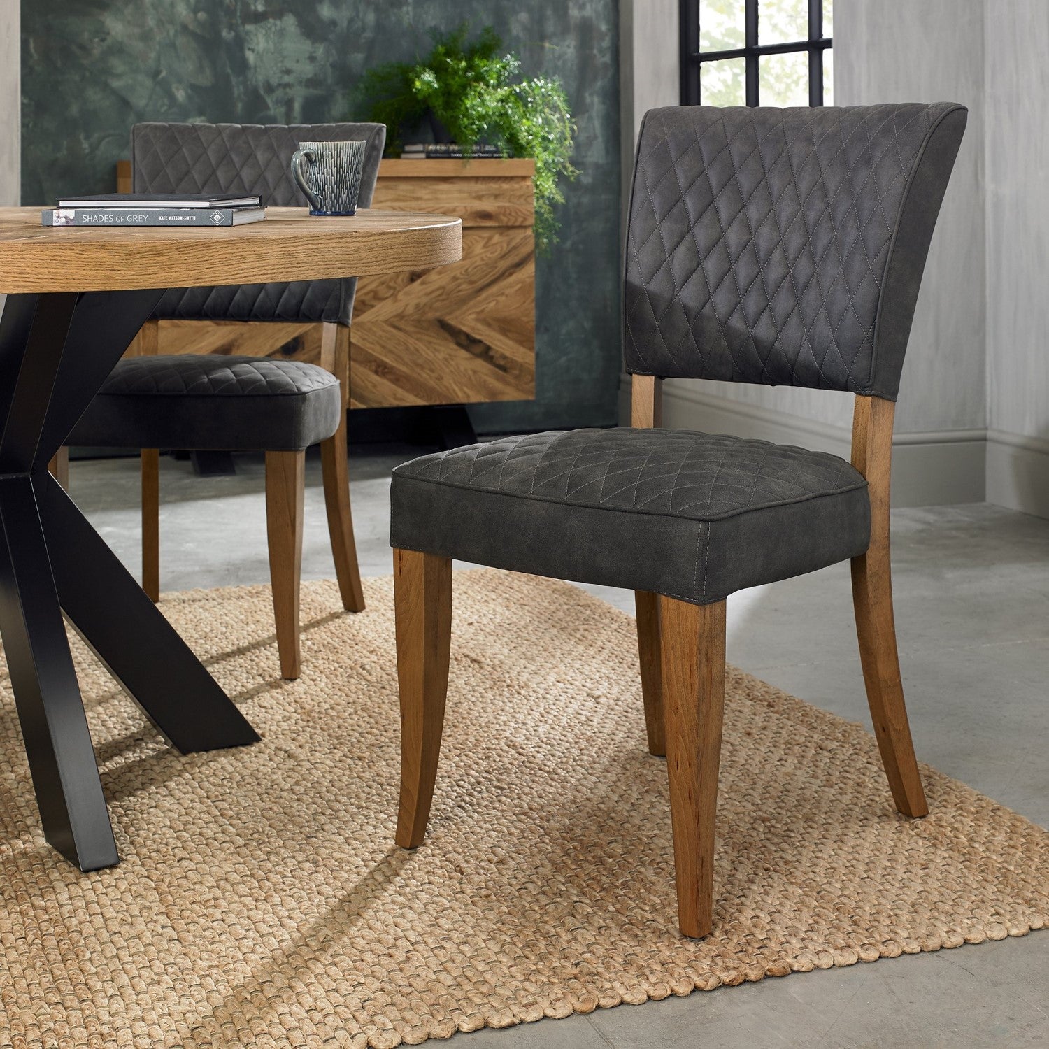 Rustic Oak Dining Chair Grey Diamond Fabric