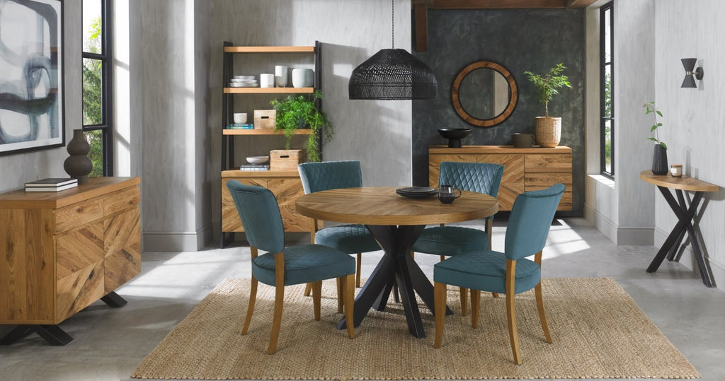 Blue Velvet Fabric Dining Chair Rustic Oak Legs - Home Furniture Interiors