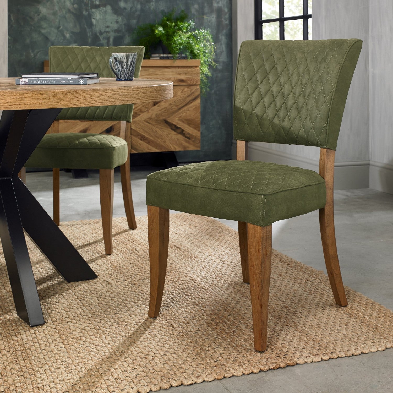 Green Velvet Fabric Dining Chair with Rustic Oak Legs