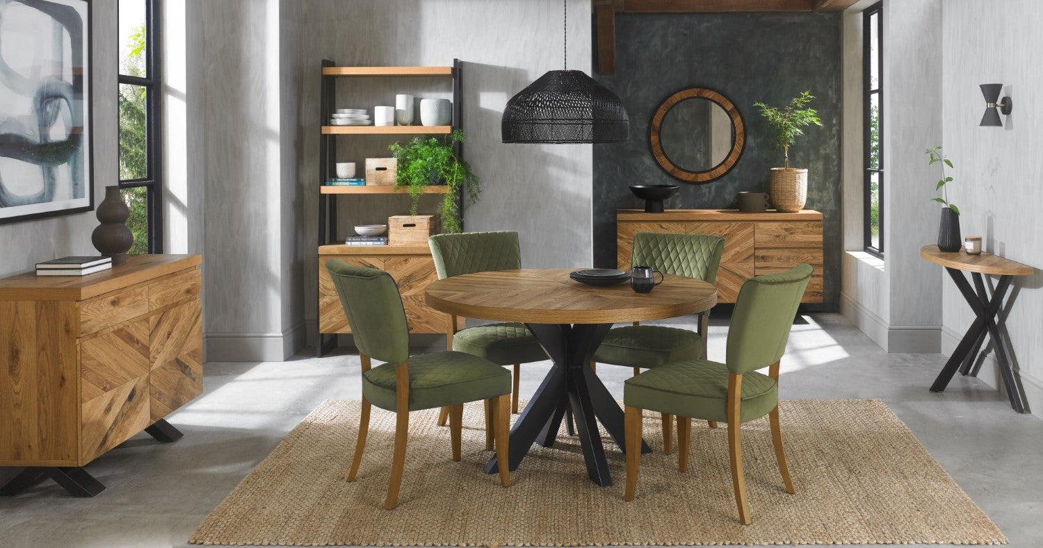 Green Velvet Fabric Dining Chair with Rustic Oak Legs - Home Furniture Interiors