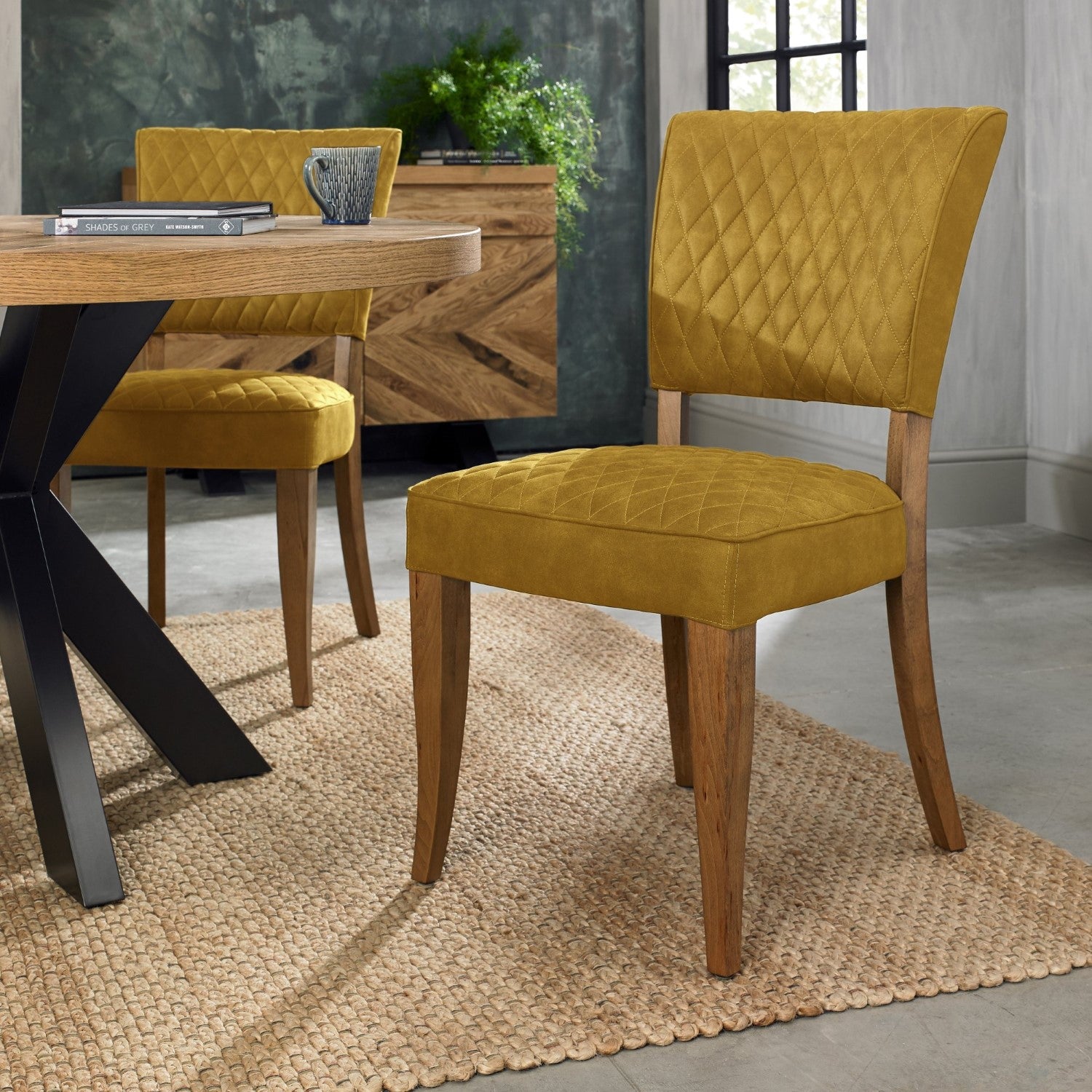 Mustard Yellow Velvet Fabric Dining Chair Rustic Oak Legs
