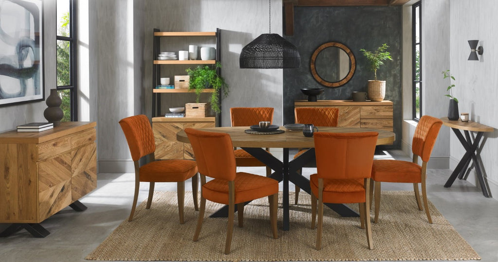 Rust Orange Velvet Fabric Dining Chair Rustic Oak Legs - Home Furniture Interiors