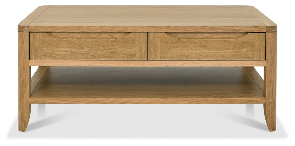 Oak Lacquer Finish 2 Drawer Coffee Table with Bottom Shelf - Home Furniture Interiors