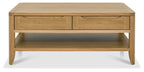 Oak Lacquer Finish 2 Drawer Coffee Table with Bottom Shelf - Home Furniture Interiors