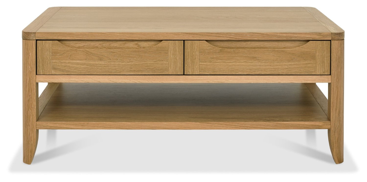 Oak Lacquer Finish 2 Drawer Coffee Table with Bottom Shelf - Home Furniture Interiors