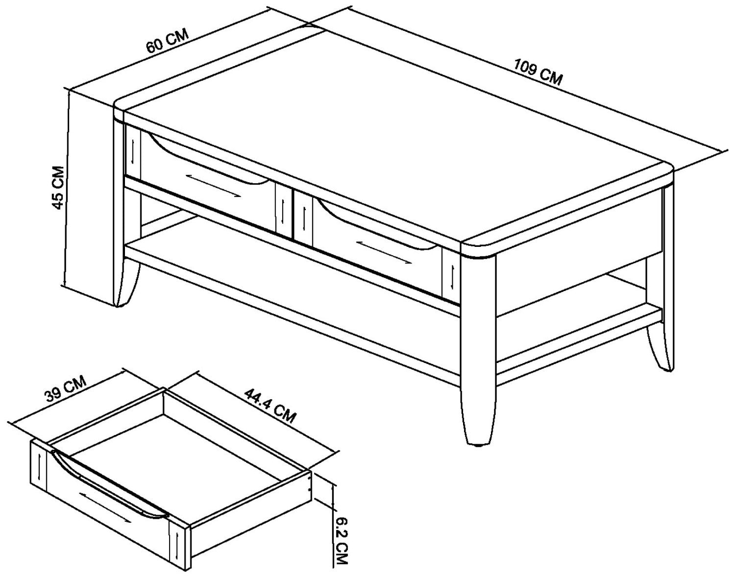 Oak Lacquer Finish 2 Drawer Coffee Table with Bottom Shelf - Home Furniture Interiors