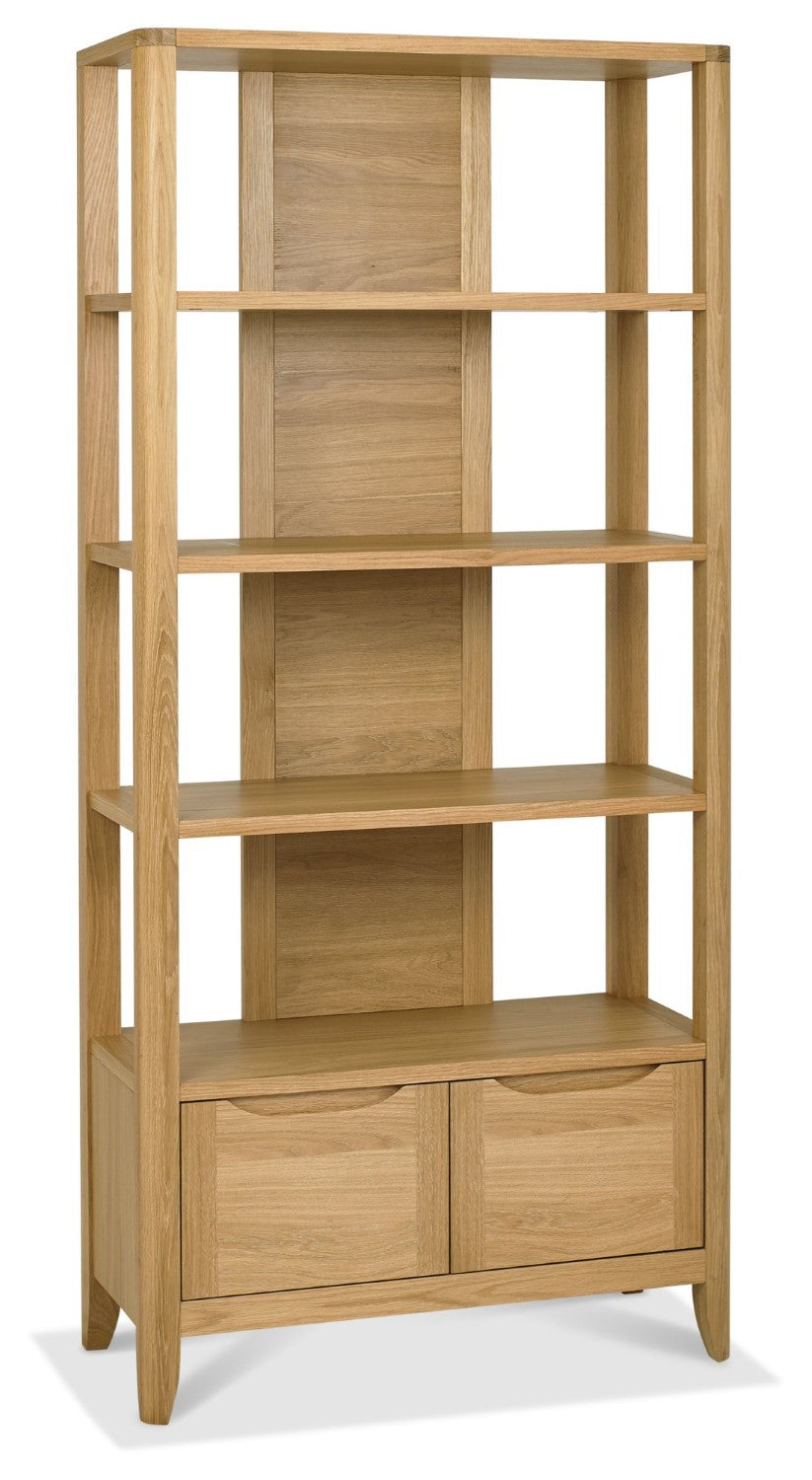 Tall oak lacquer finish open display shelving unit by Bentley Designs, showcasing multiple shelves for storage and display.