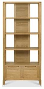 Tall oak lacquer finish open display shelving unit by Bentley Designs, showcasing multiple shelves for stylish storage.