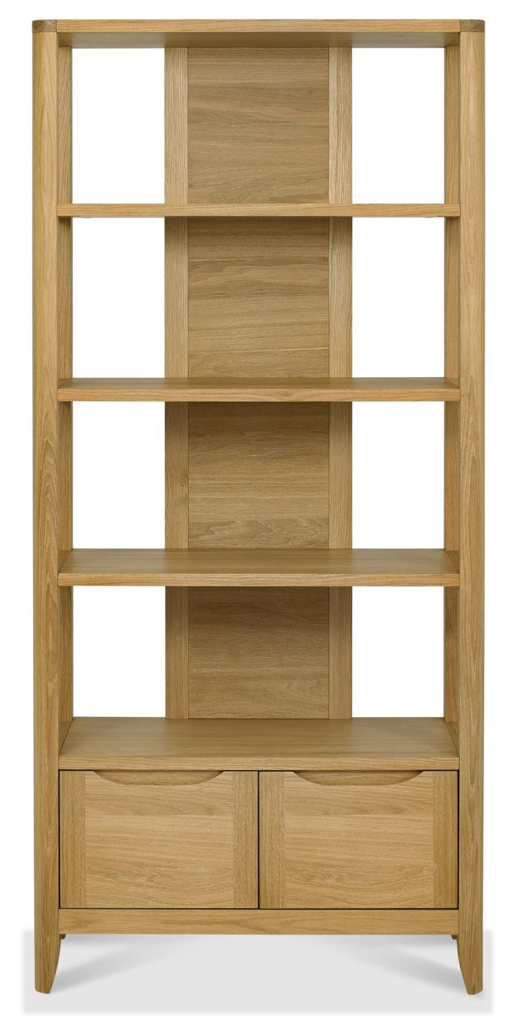Tall oak lacquer finish open display shelving unit by Bentley Designs, showcasing multiple shelves for stylish storage.