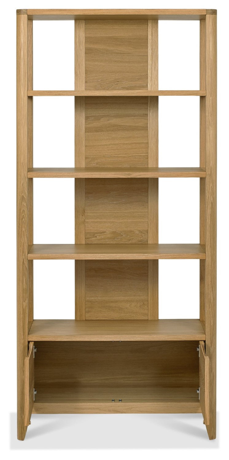 Tall Oak lacquer finish open display shelving unit by Bentley Designs, showcasing modern storage and display space.