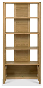 Tall Oak lacquer finish open display shelving unit by Bentley Designs, showcasing modern storage and display space.