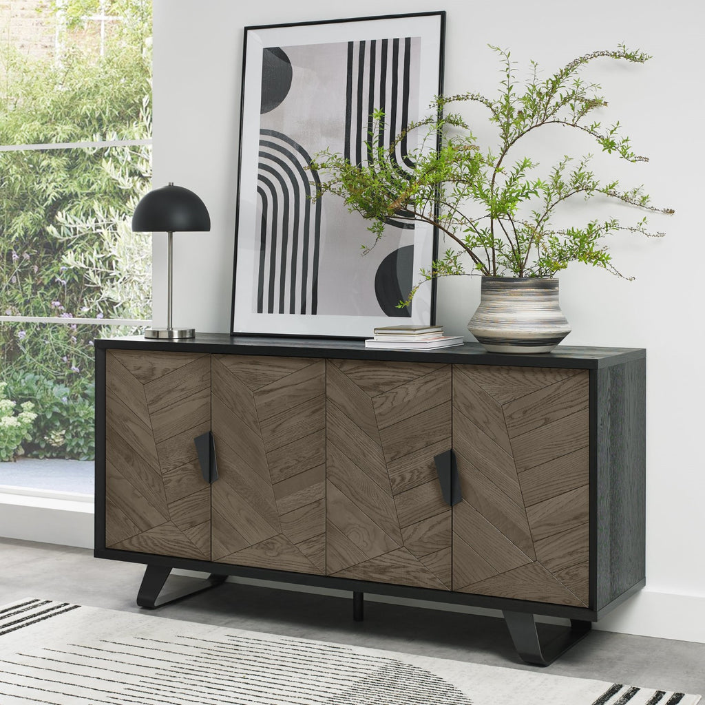 Weathered Oak and Black Wide 4 Door Sideboard