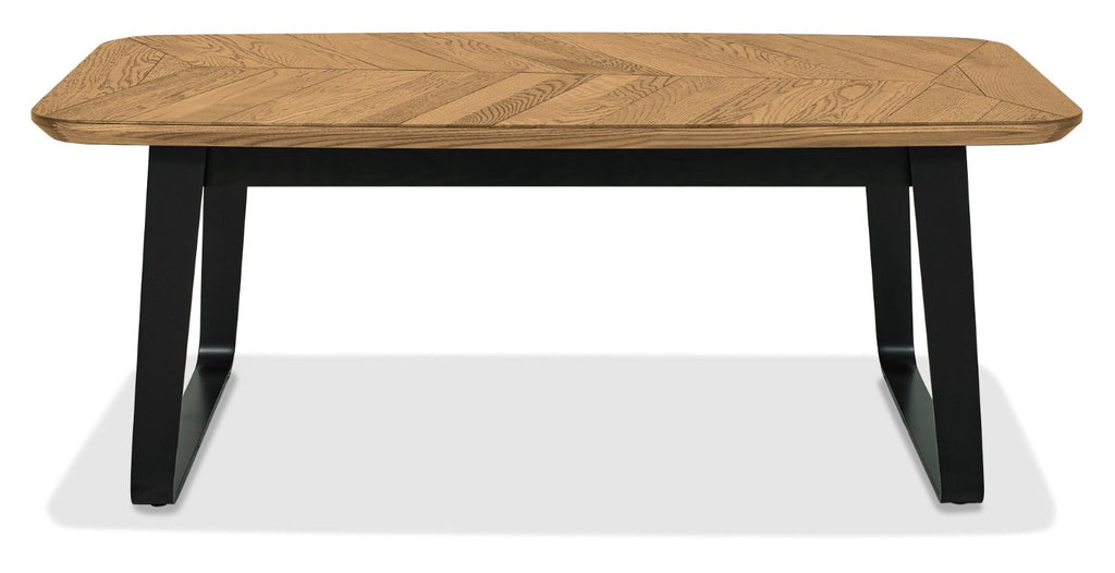 Retro Rustic Oak Coffee Table with Peppercorn Metal Base - Home Furniture Interiors