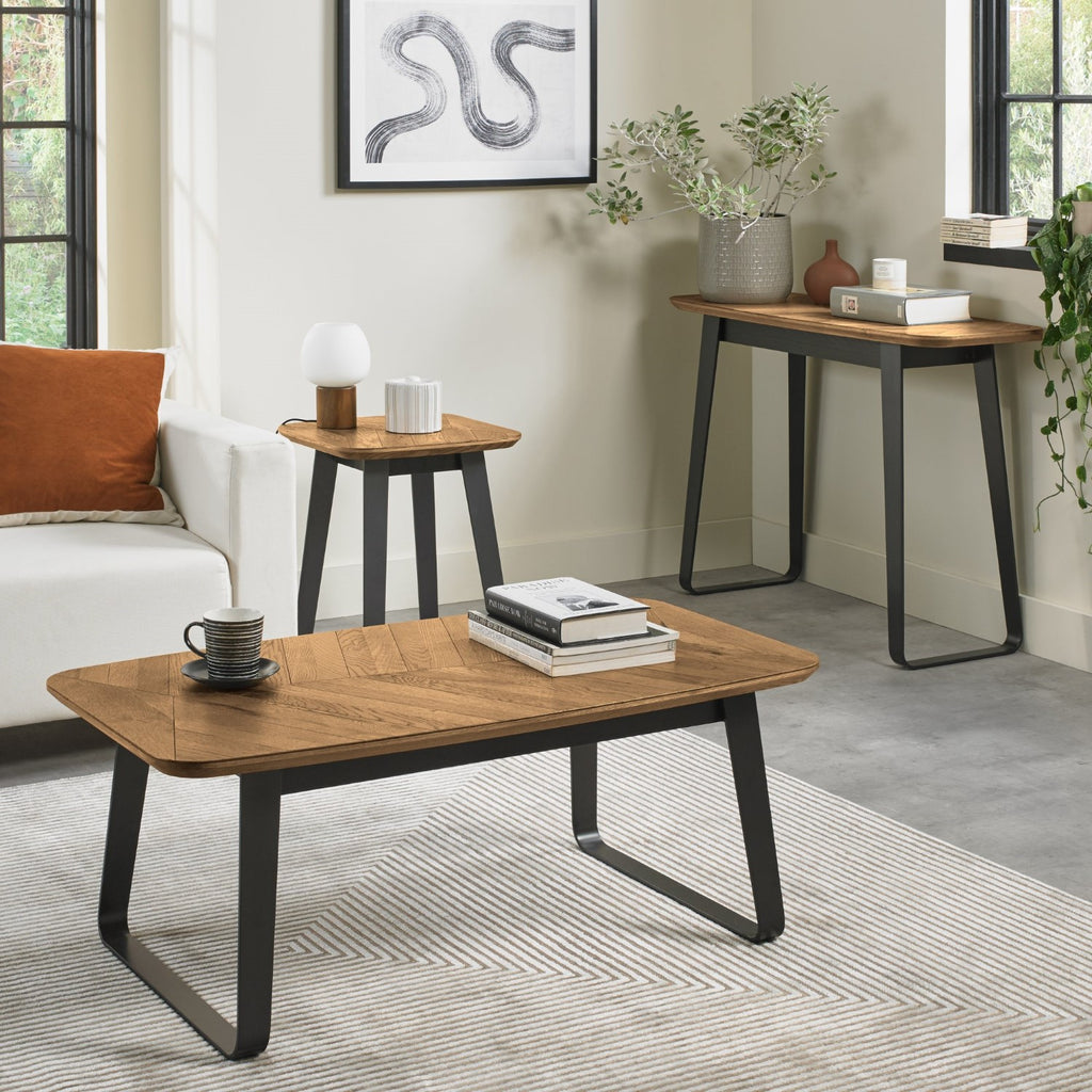 Retro Rustic Oak Coffee Table with Peppercorn Metal Base - Home Furniture Interiors