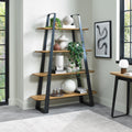 Rustic Oak and Black Metal Open Shelving Display Cabinet