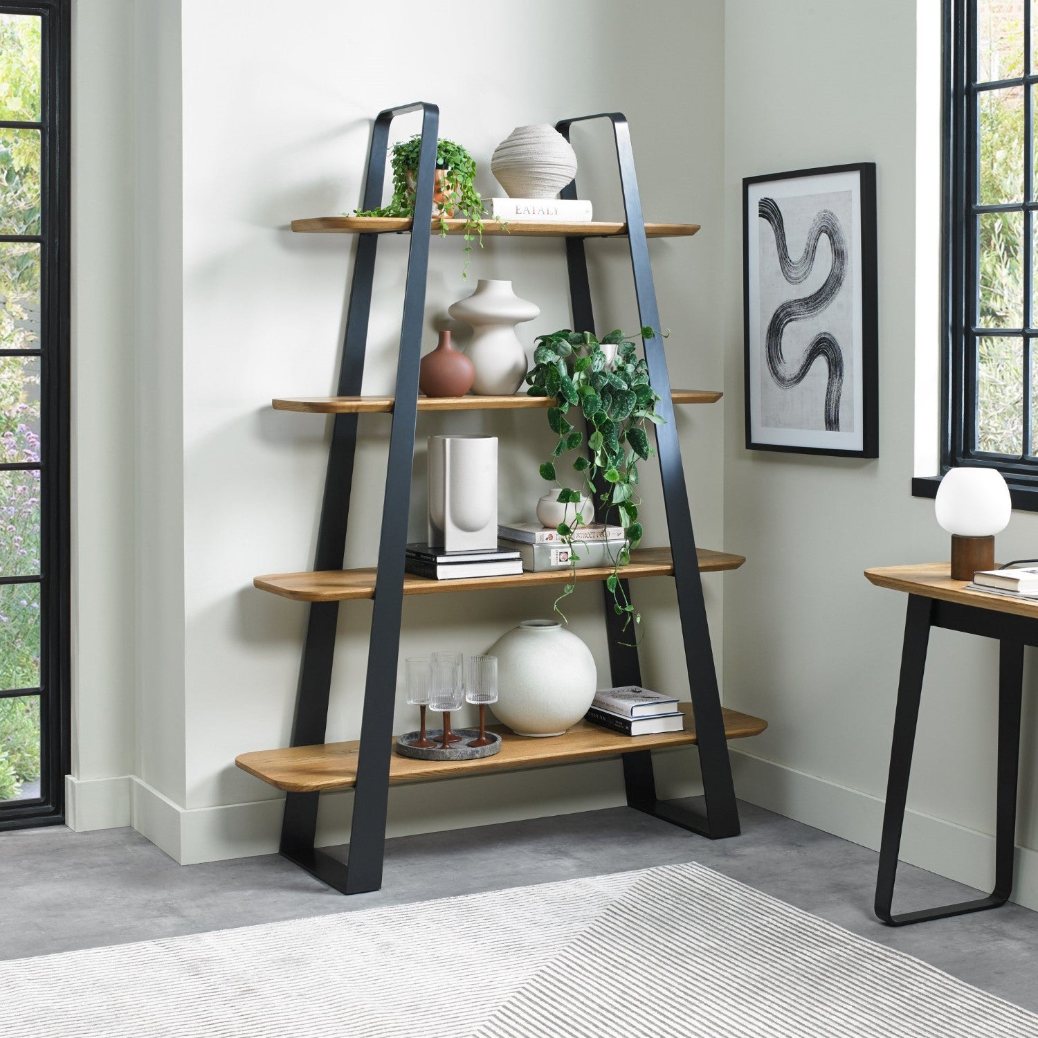 Rustic Oak and Black Metal Open Shelving Display Cabinet