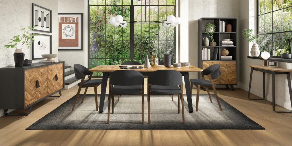 Retro Rustic Oak and Peppercorn Large Extending Dining Table - Home Furniture Interiors