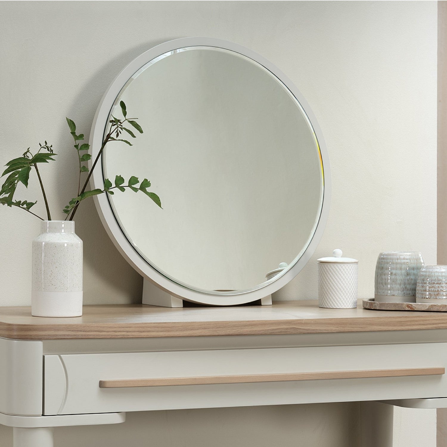 Light Grey Wooden Round Vanity Dressing Table Mirror