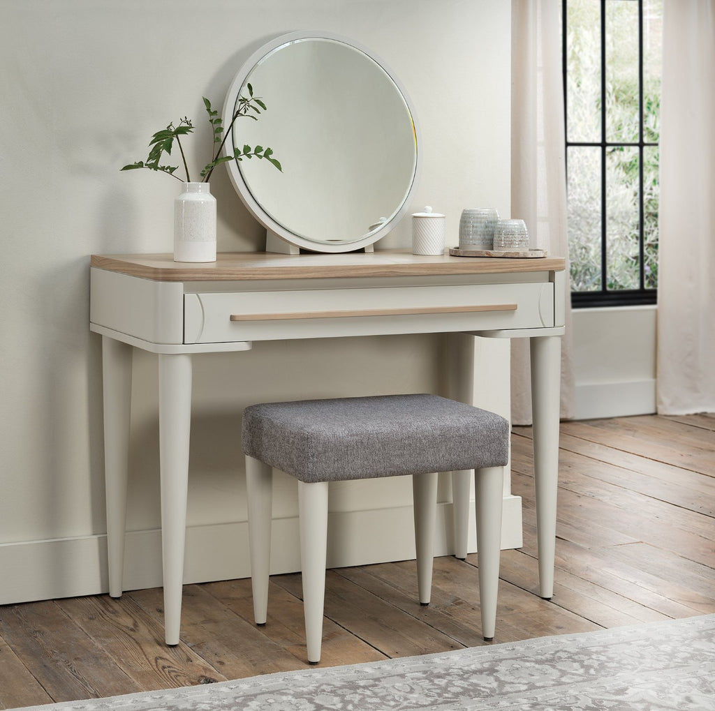 Light Grey Wooden Round Vanity Dressing Table Mirror - Home Furniture Interiors